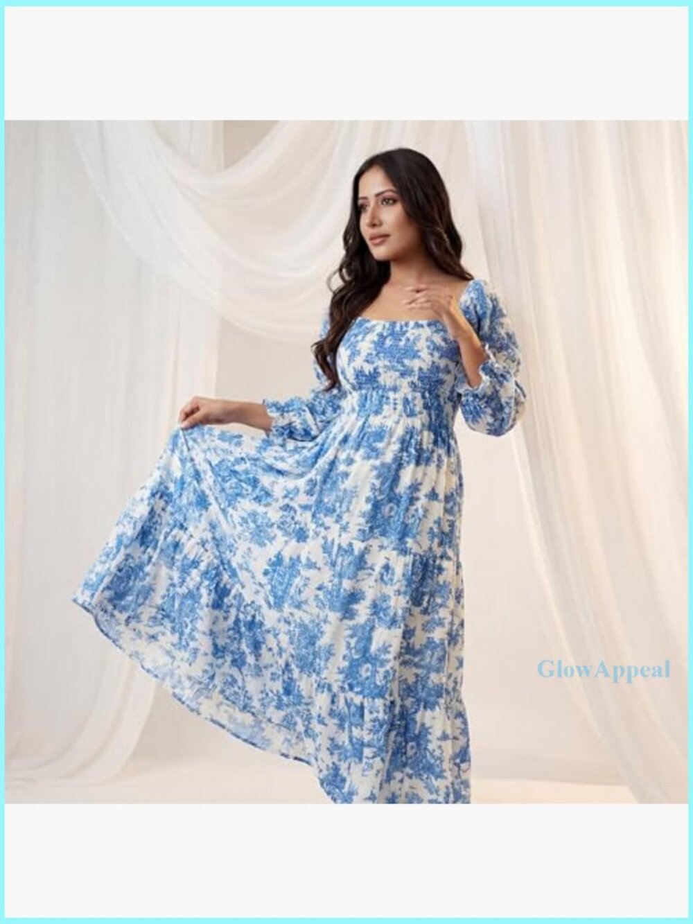 Ruffle Ruched High Waist Puff Sleeve Maternity Maxi Dress Long Sleeve - Picture 5 of 5